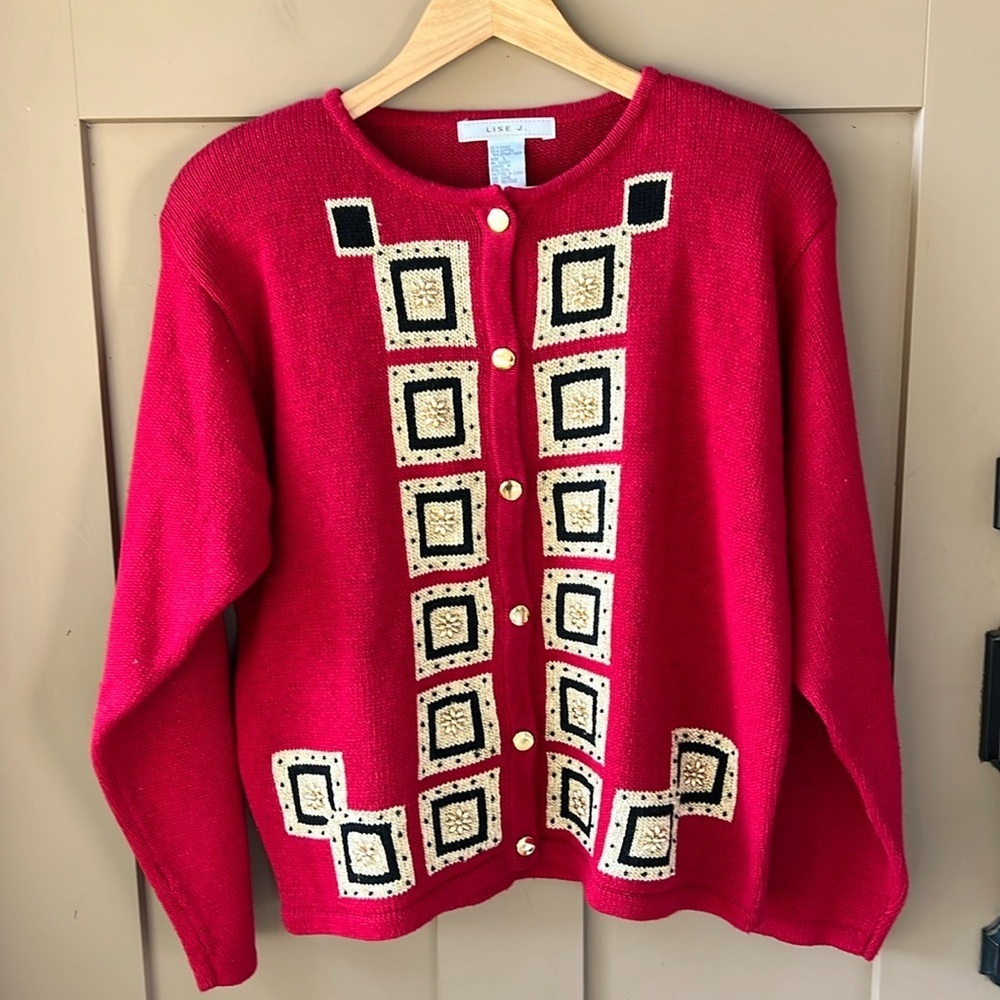 Vintage Lise J Women L Ramie Blend Red Black Gold Cardigan Classic Quiet Luxury